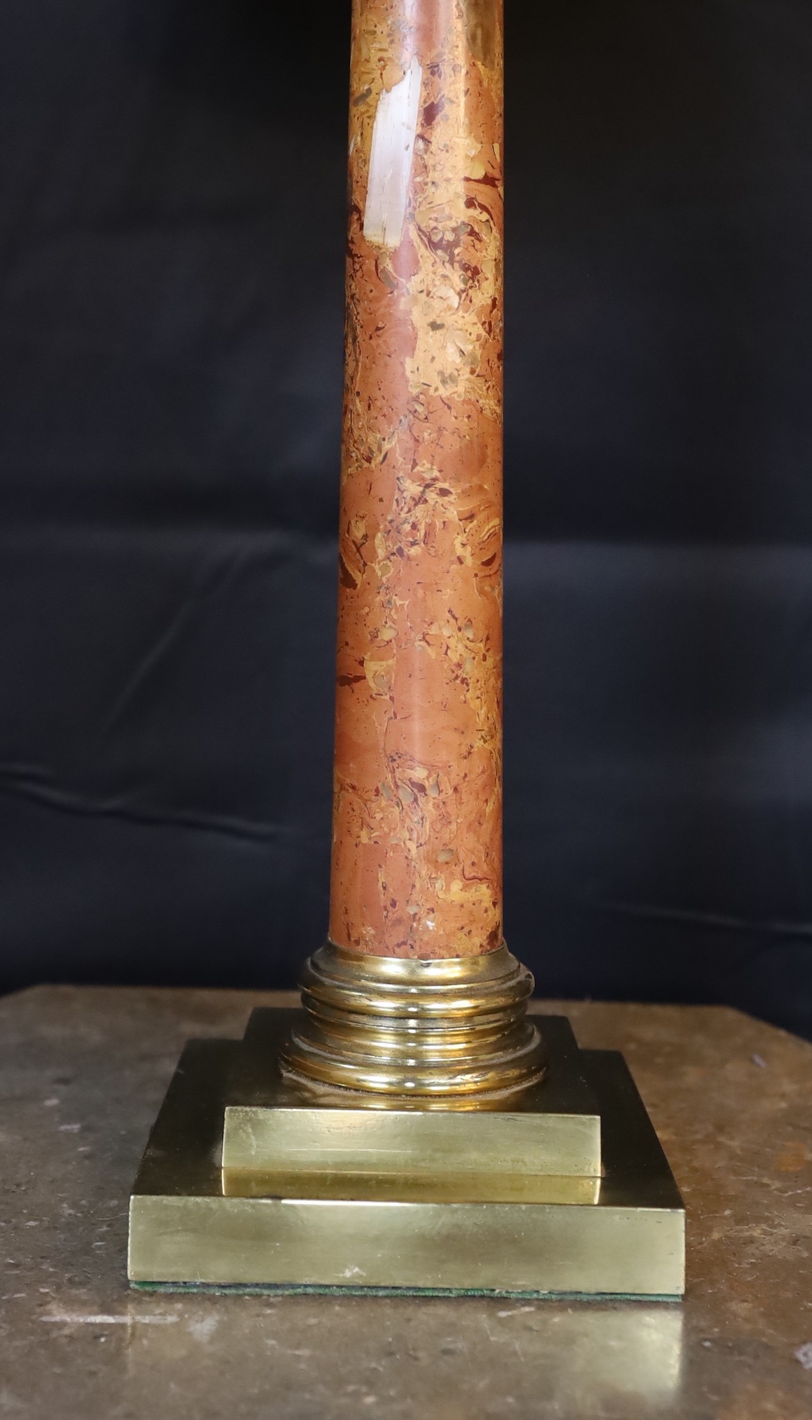 An Edwardian gilt brass and rouge marble Corinthian column table lamp, height 52cm